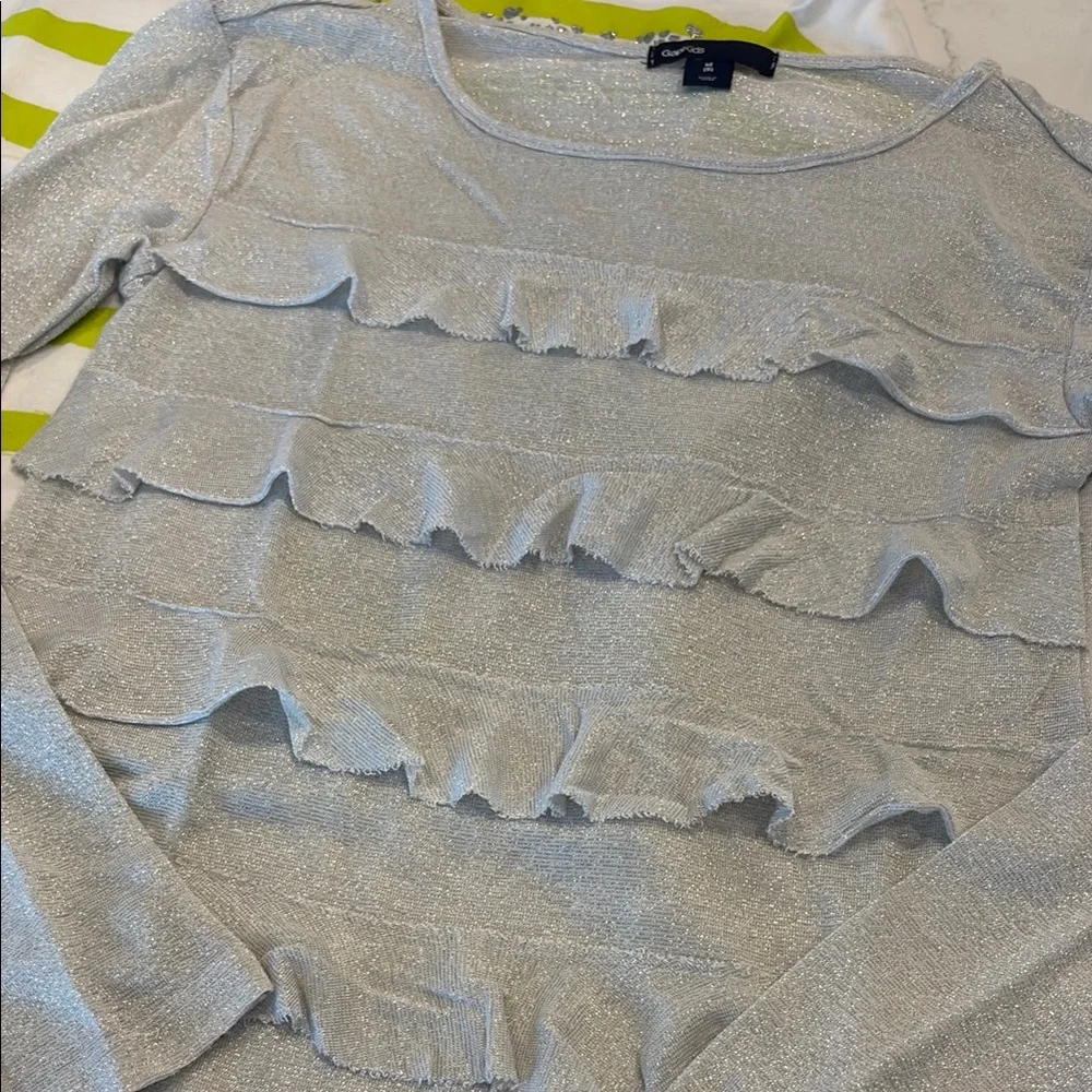 GAP Silver and White Long Sleeve Tees with Ruffle Details